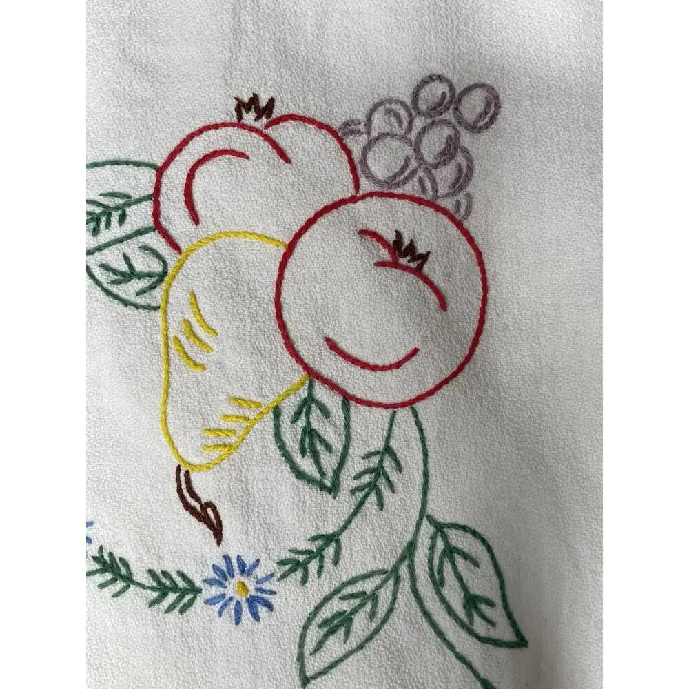 Vintage Hand Embroidered Linen Table Topper 25x25 Lace Fruit Floral cottagecore